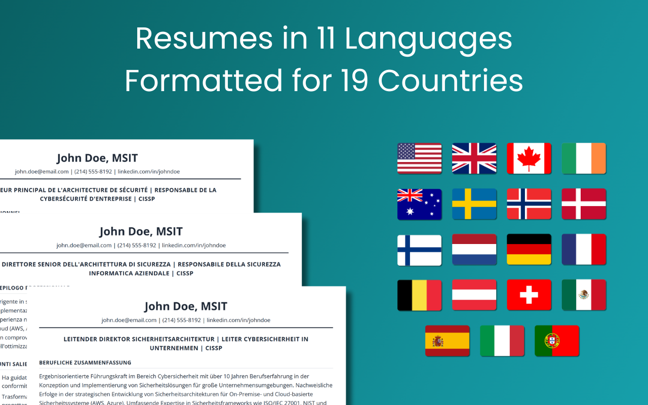 Resumes in 11 languages formatted for 19 countries