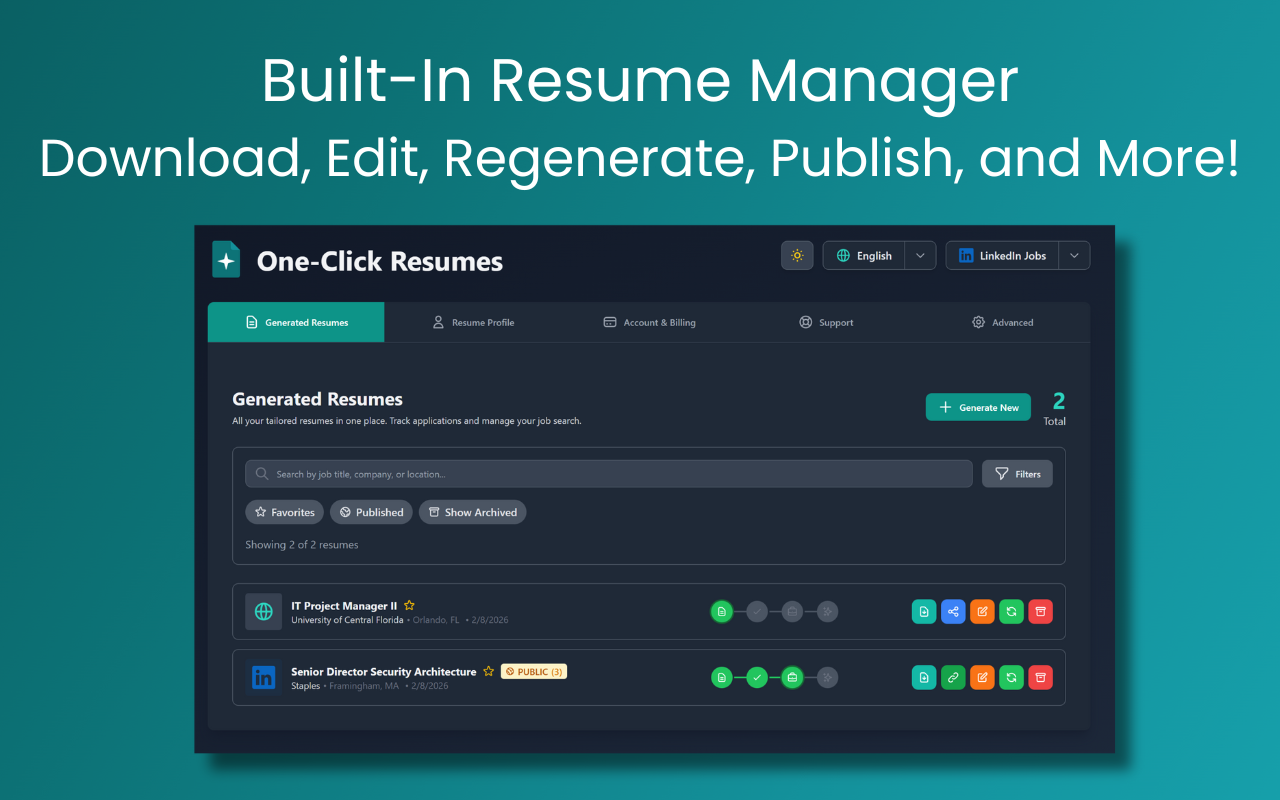 Built-in resume manager with search, filters, and actions